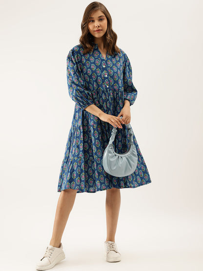 Blue Paisley Printed Cotton Party Wear Dress for Women