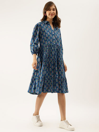 Blue Paisley Printed Cotton Party Wear Dress for Women