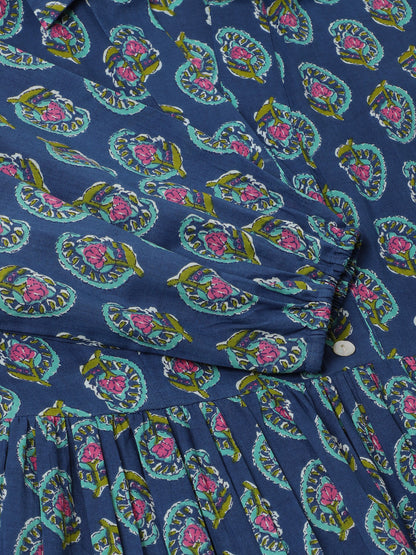 Blue Paisley Printed Cotton Party Wear Dress for Women