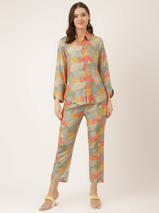 Divena Multi Colour Quirky Print Muslin  Co ord Set