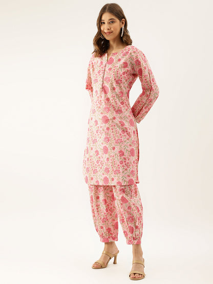 Pink Floral Print Cotton Ultra Comfy Co-ord set For Women