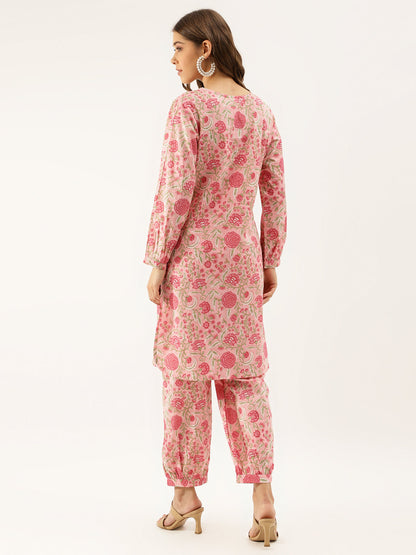 Pink Floral Print Cotton Ultra Comfy Co-ord set For Women