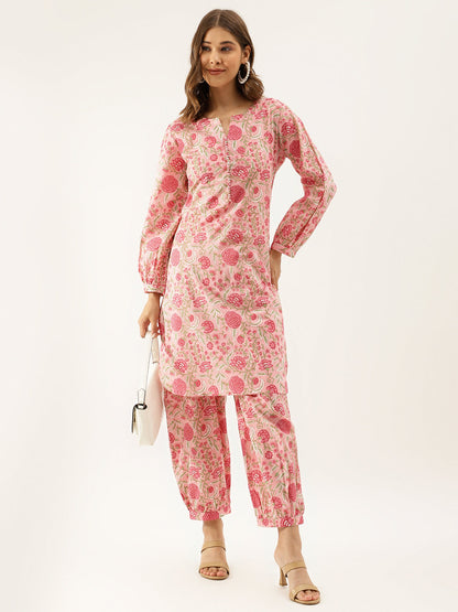 Pink Floral Print Cotton Ultra Comfy Co-ord set For Women
