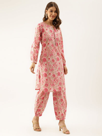Pink Floral Print Cotton Ultra Comfy Co-ord set For Women