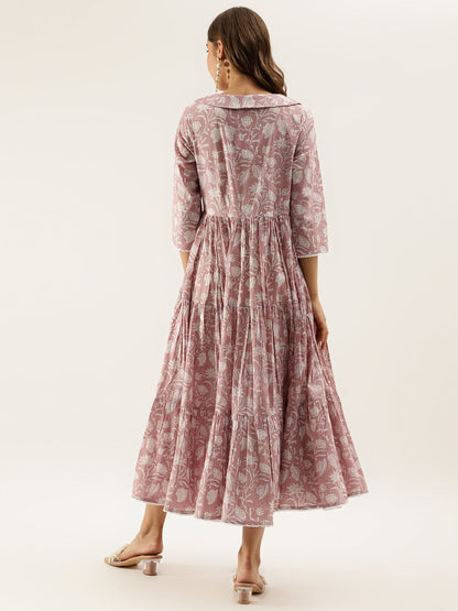Lavender Floral Printed Cotton Ethnic Party Wear Dress for Women