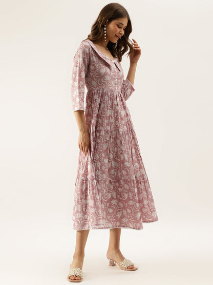 Lavender Floral Printed Cotton Ethnic Party Wear Dress for Women