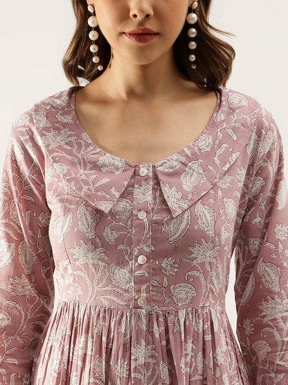 Lavender Floral Printed Cotton Ethnic Party Wear Dress for Women