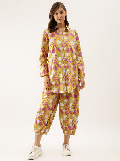 Mustard Floral Print Cotton Co-ord Set For Women With Spread Collar