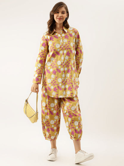Mustard Floral Print Cotton Co-ord Set For Women With Spread Collar