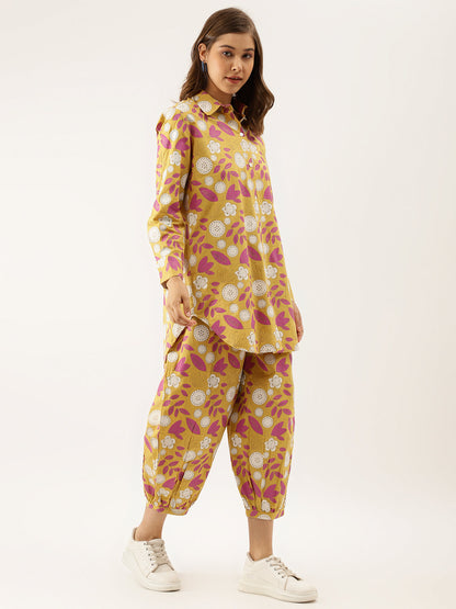 Mustard Floral Print Cotton Co-ord Set For Women With Spread Collar