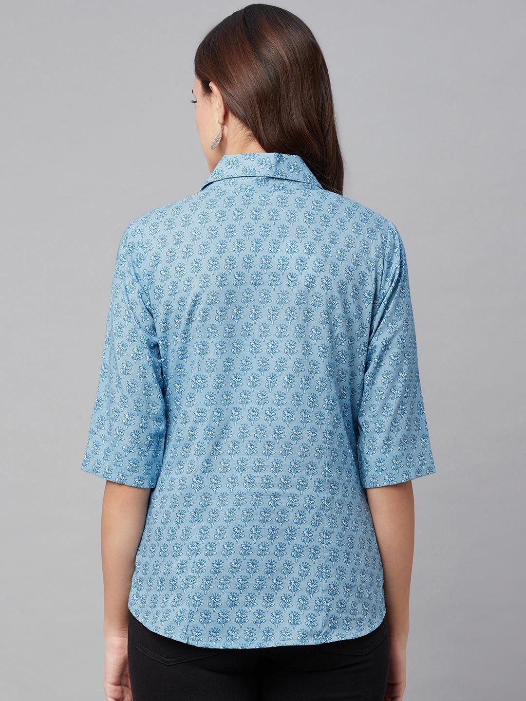 Divena Sky Blue Block Printed Casual Women Shirts - divena world