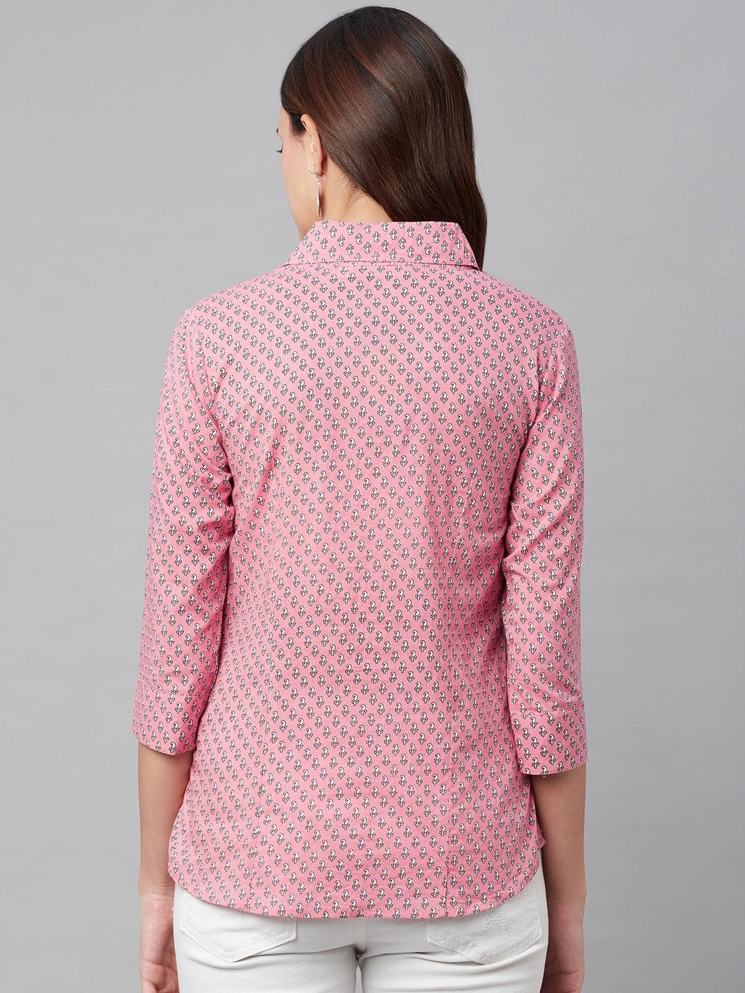 Divena Baby Pink Block Printed Casual Women Shirts - divena world