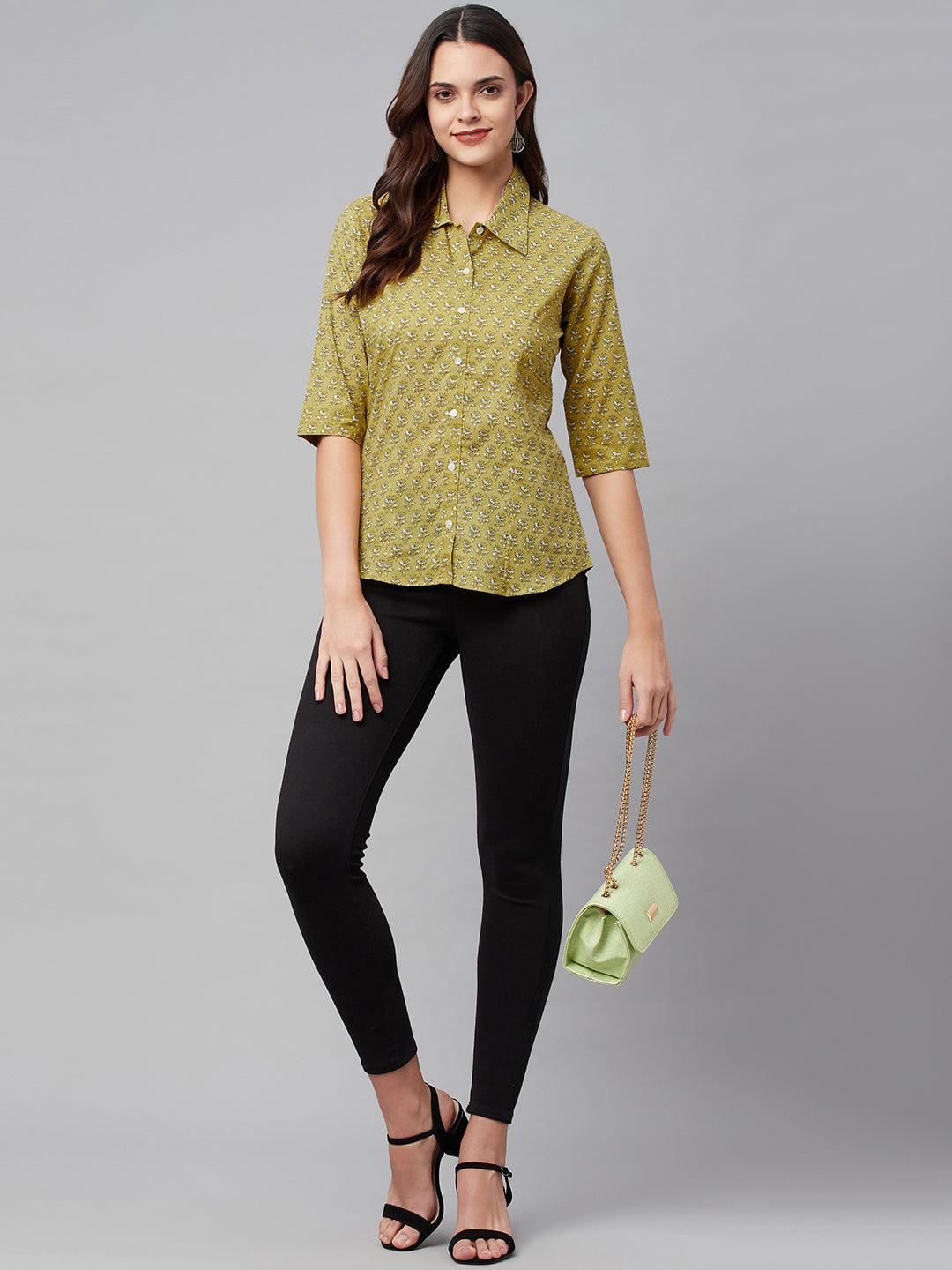 Divena Mehndi Green Block Printed Casual Women Shirts - divena world