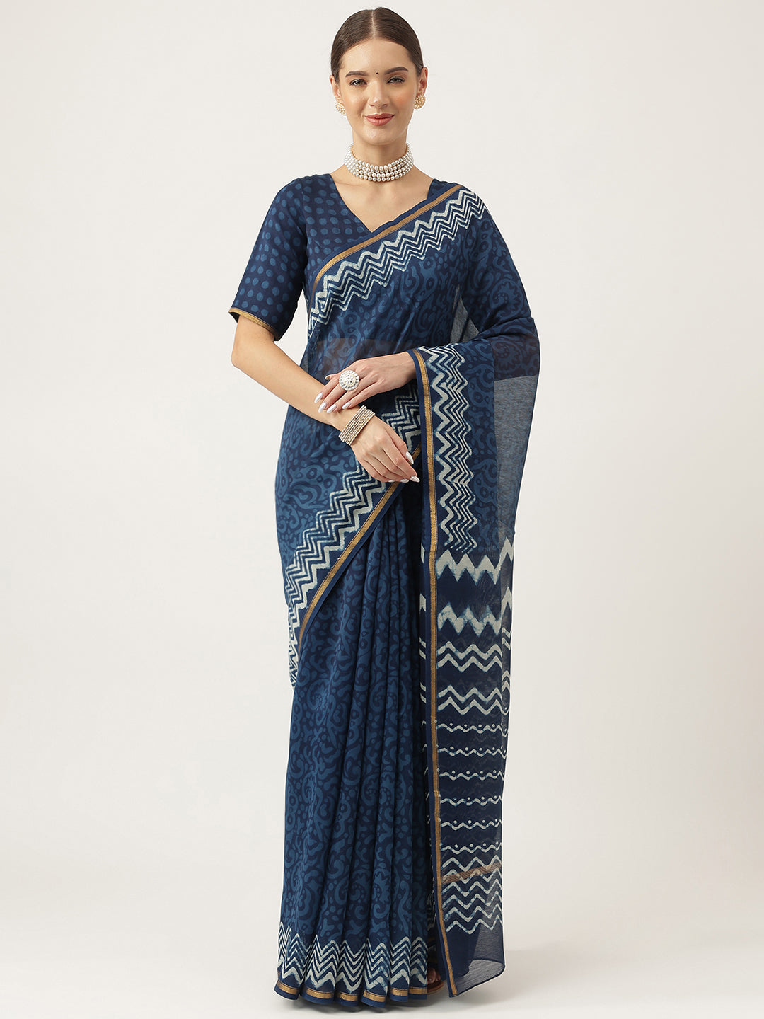 Divena Indigo blue HandBlock Chanderi Silk Saree