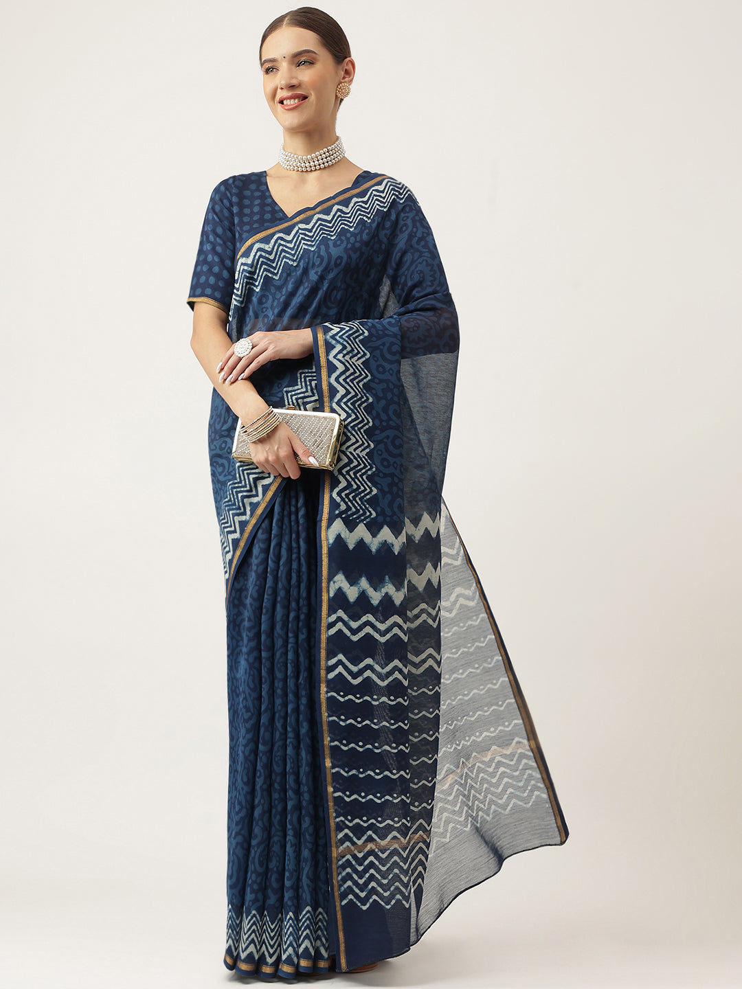 Divena Indigo blue HandBlock Chanderi Silk Saree