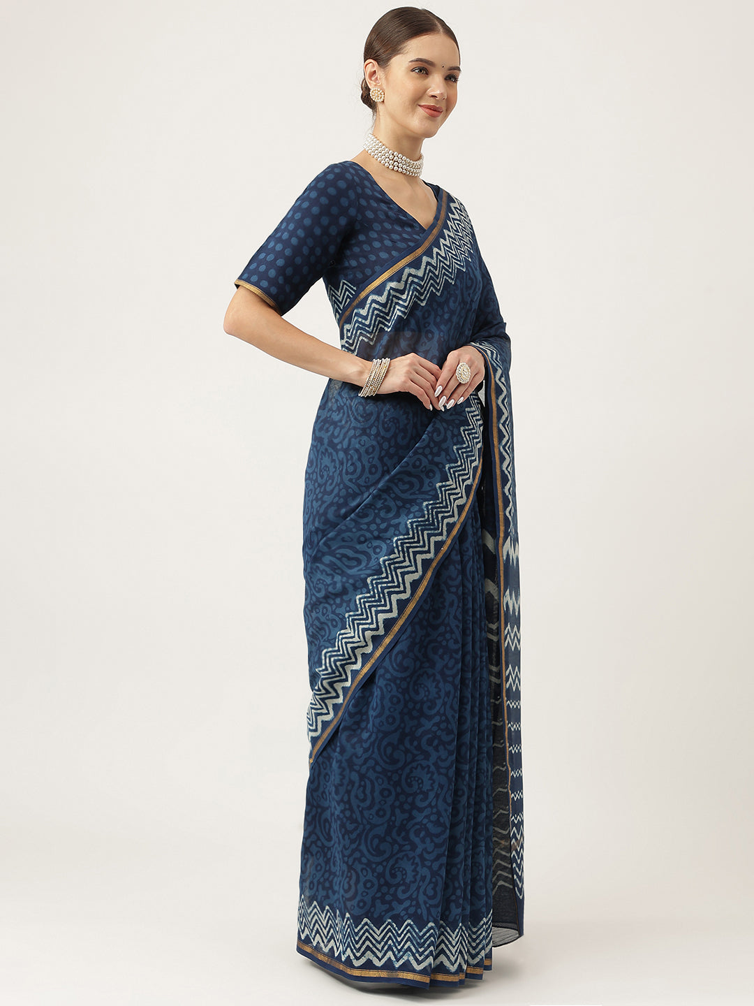 Divena Indigo blue HandBlock Chanderi Silk Saree