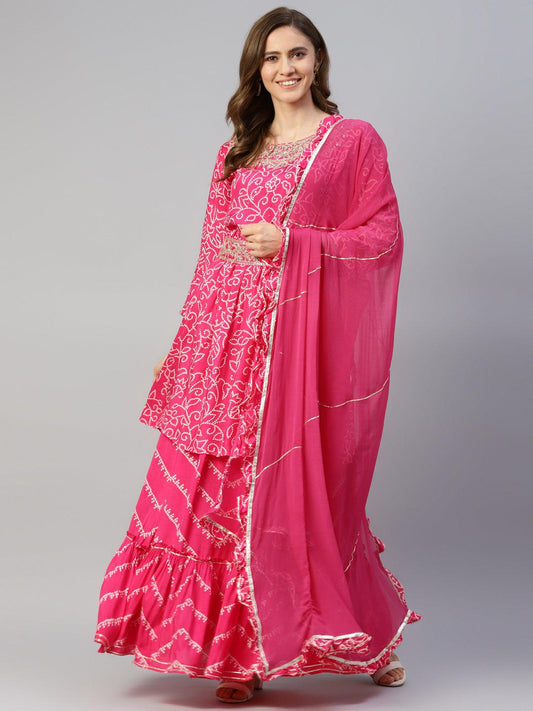 Divena Pink Muslin Bandhani Printed Embroidary Peplum Kurta Sharara Set with Dupatta - divenaworld.com