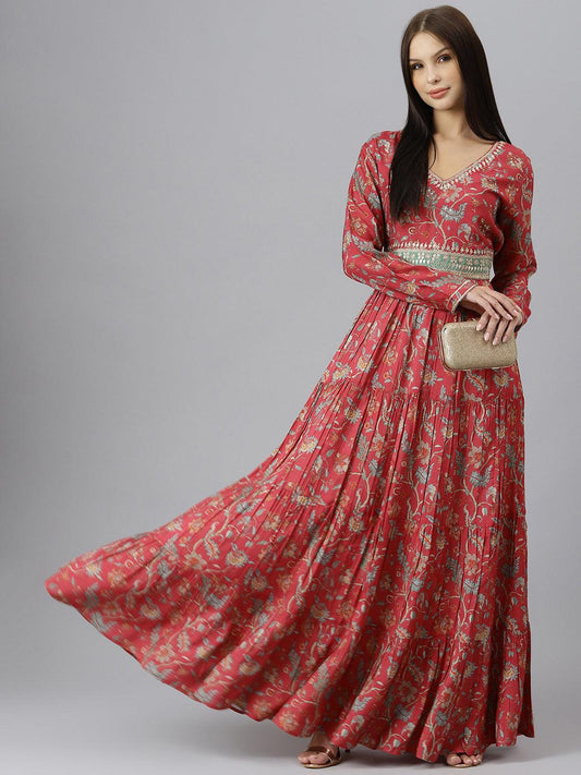 Divena Maroon Floral Printed Muslin Flared Gown - divenaworld.com