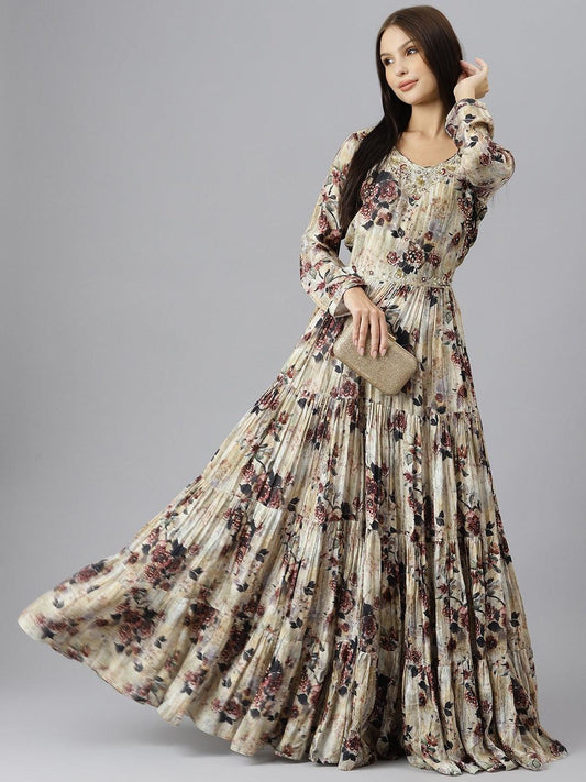 Divena Cream Floral Printed Muslin Flared Gown - divenaworld.com