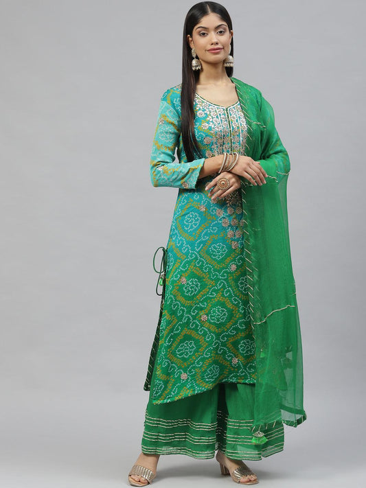 Divena Pure Chinon Rama green Bandhani Printed Kurta Sharara Set with Dupatta - divena world