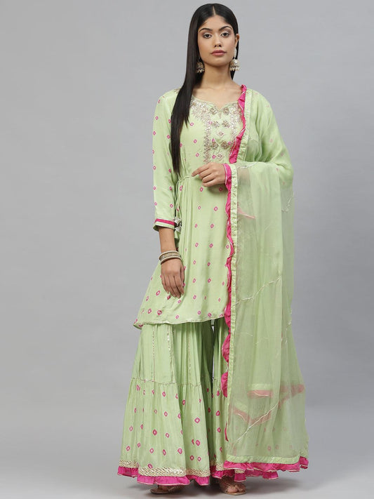 Divena Green Pure Muslin Peplum Hand embroidery Kurta Sharara with Chiffon dupatta - divena world