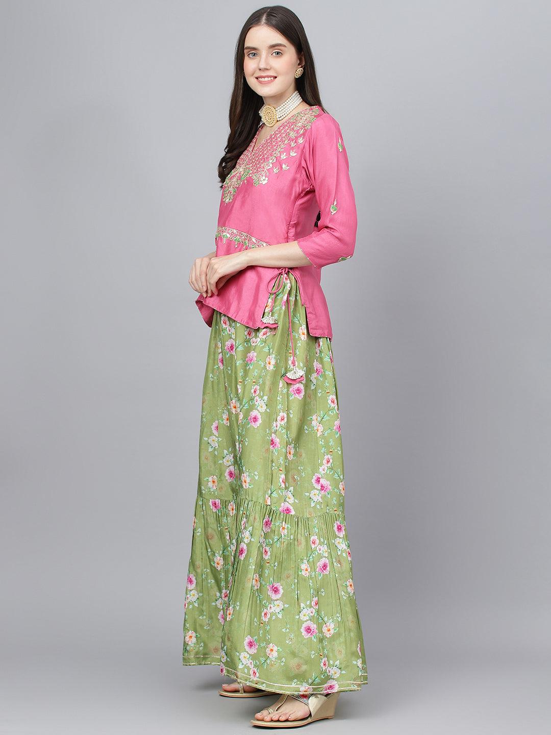 Divena Pink and Green Russian Silk Flared Lehenga Choli Set with Organza Dupatta - divena world