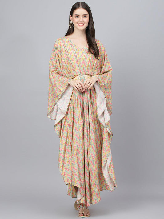 Divena Multi Color Printed Muslin Flared Kaftan Dress - divena world