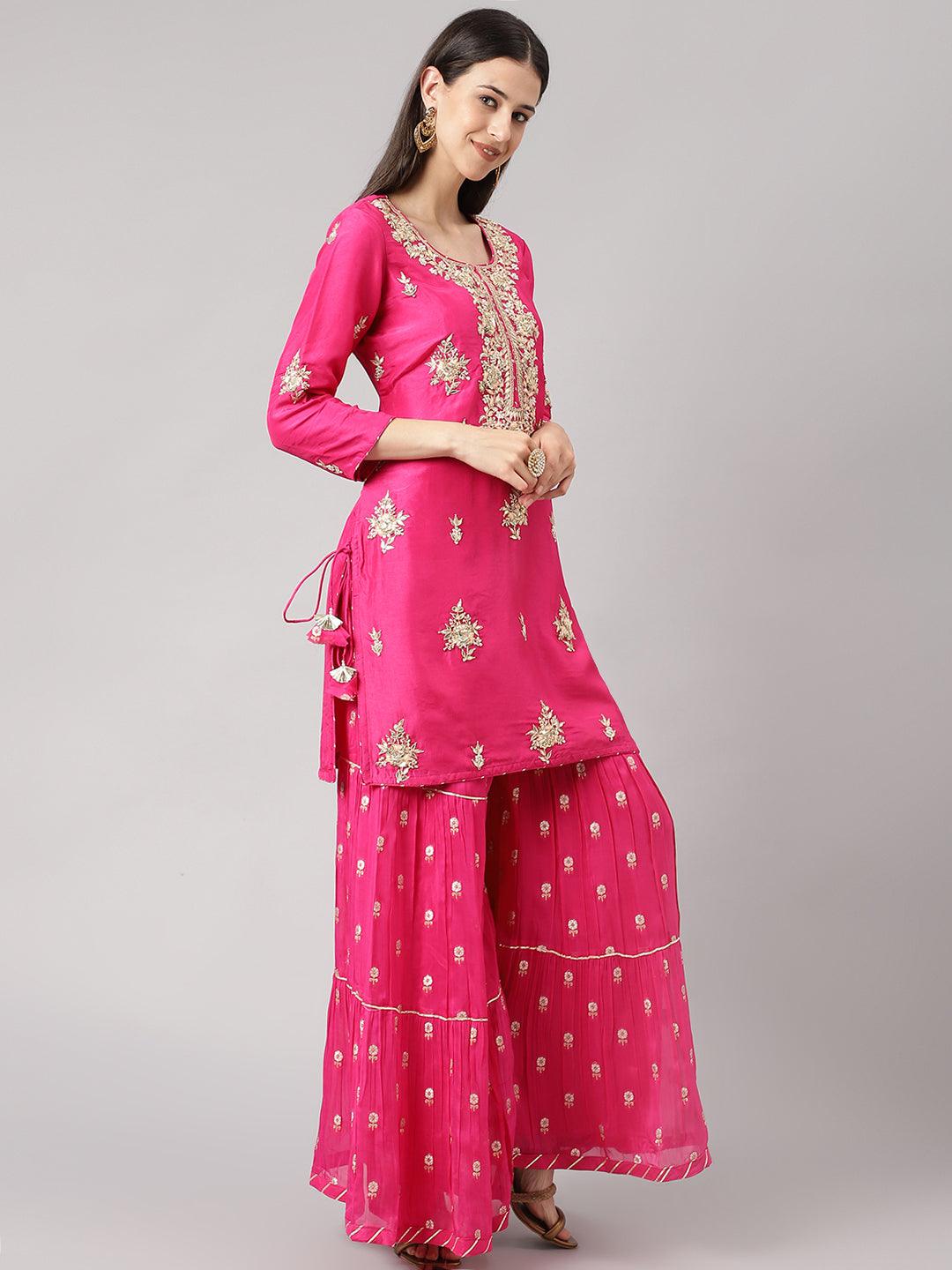 Divena Dark Pink russian silk Hand embroidery Kurta Sharara with Organza dupatta - divena world