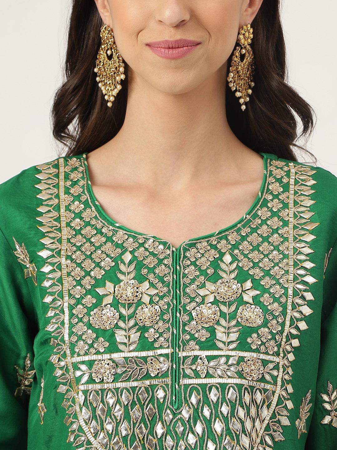 Divena Dark Green russian silk Hand embroidery Kurta Sharara with Organza dupatta - divena world