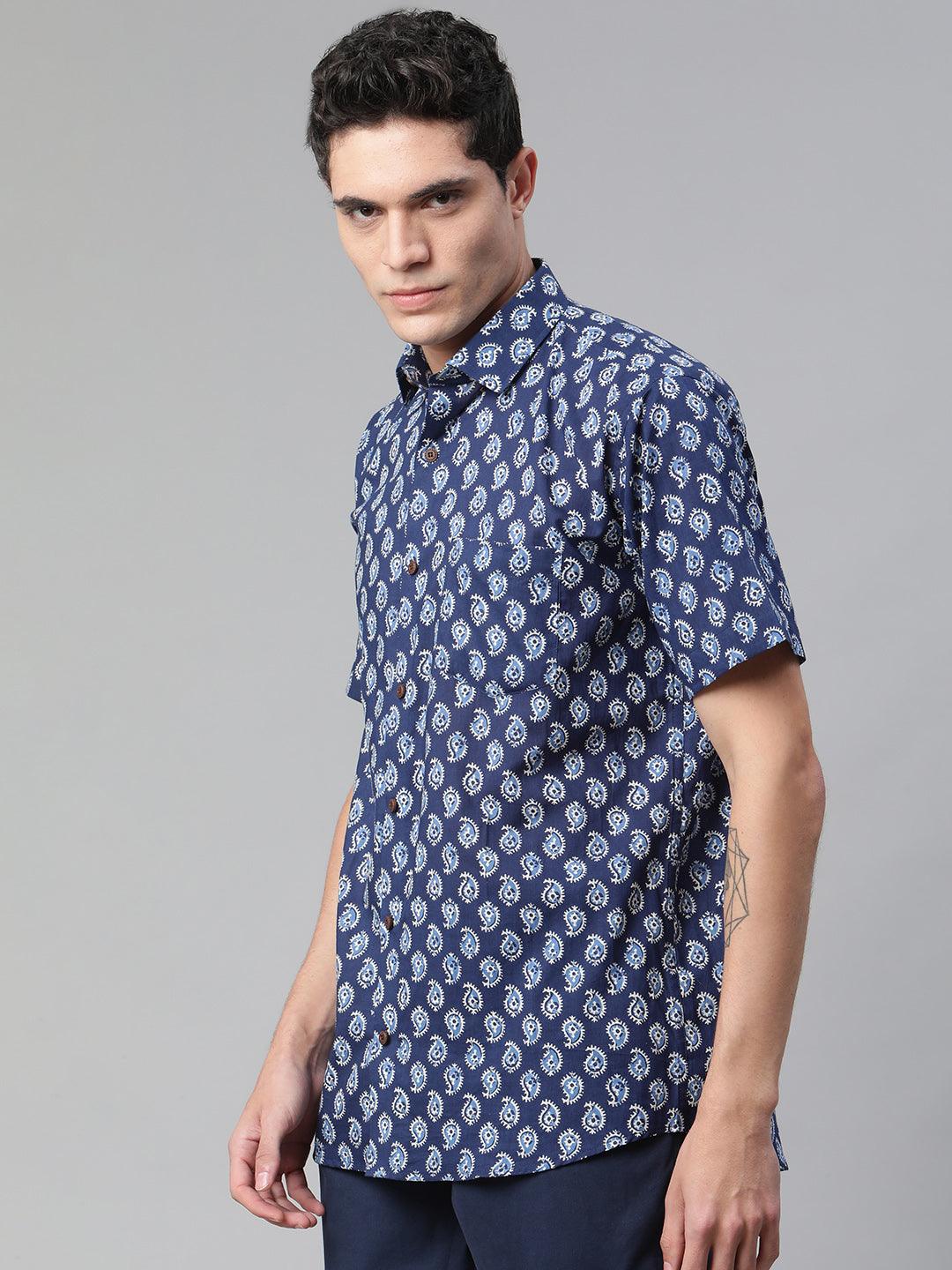 Millennial Men Indigo Blue & White  Cotton  Half Sleeve Shirt for Men-MMH0165 - divenaworld.com