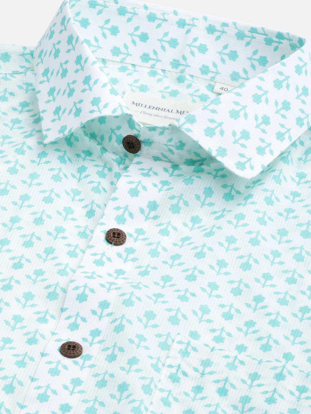 Millennial Men White & Sea Green Cotton  Half Sleeve Shirt for Men-MMH0184 - divenaworld.com