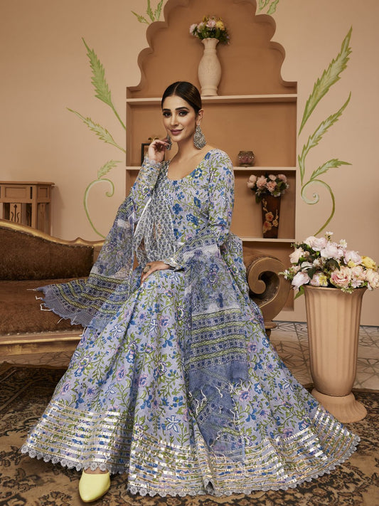 Handblock Floral Printed Blue Anarkali Cotton Kurta Set, Trousers & Dupatta