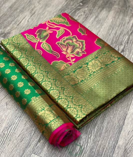Rani and Parrot Green Banarasi Silk Saree with Blouse Saree For Women
