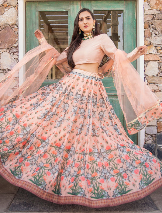 Peach Chanderi Silk Ethnic Lehenga Choli for Women