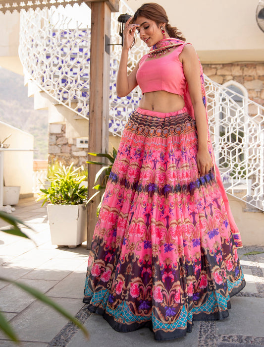 Chanderi Silk Ethnic Lehenga with Digital Print Choli and Net Dupatta For Women