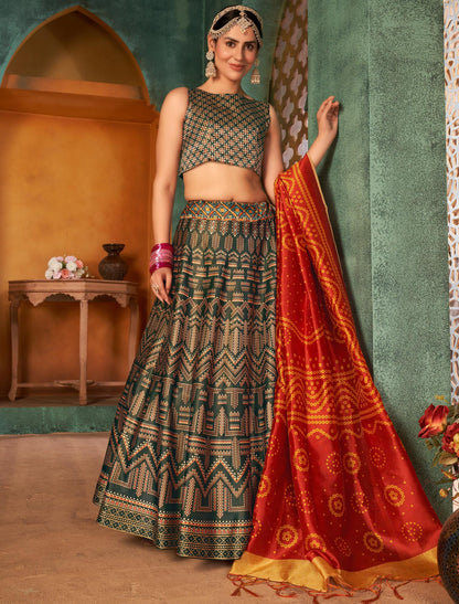 Multi-Color Rera Digital Print Assam Silk Dupatta With Lehenga Choli Set For Women
