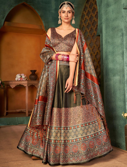 Multi-Color Rera Digital Print Assam Silk Dupatta With Lehenga Choli Set For Women