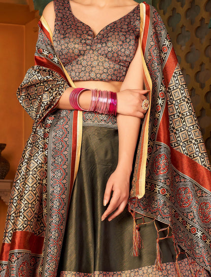 Multi-Color Rera Digital Print Assam Silk Dupatta With Lehenga Choli Set For Women