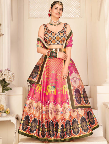 Multi-Color Rera Digital Print Assam Silk Dupatta With Lehenga Choli Set For Women