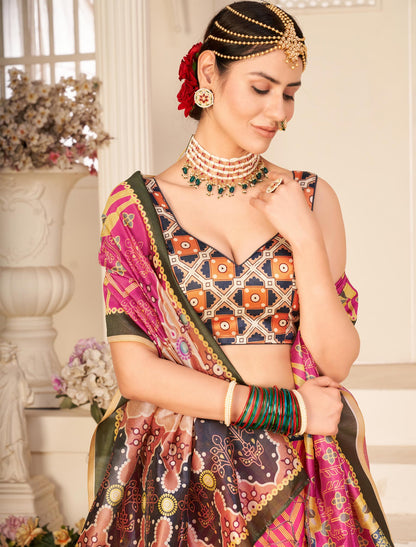 Multi-Color Rera Digital Print Assam Silk Dupatta With Lehenga Choli Set For Women