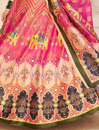 Multi-Color Rera Digital Print Assam Silk Dupatta With Lehenga Choli Set For Women
