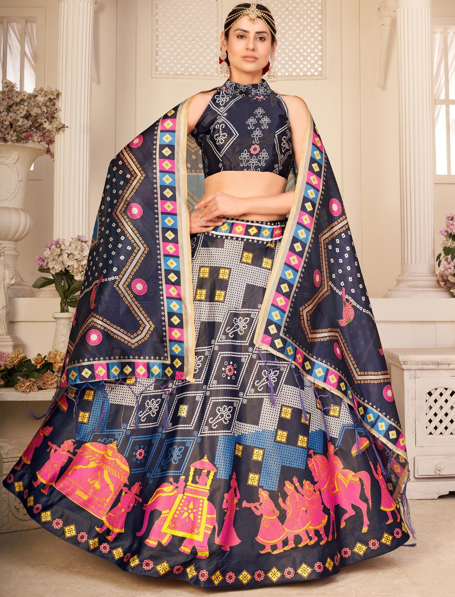 Multi-Color Rera Digital Print Assam Silk Dupatta With Lehenga Choli Set For Women