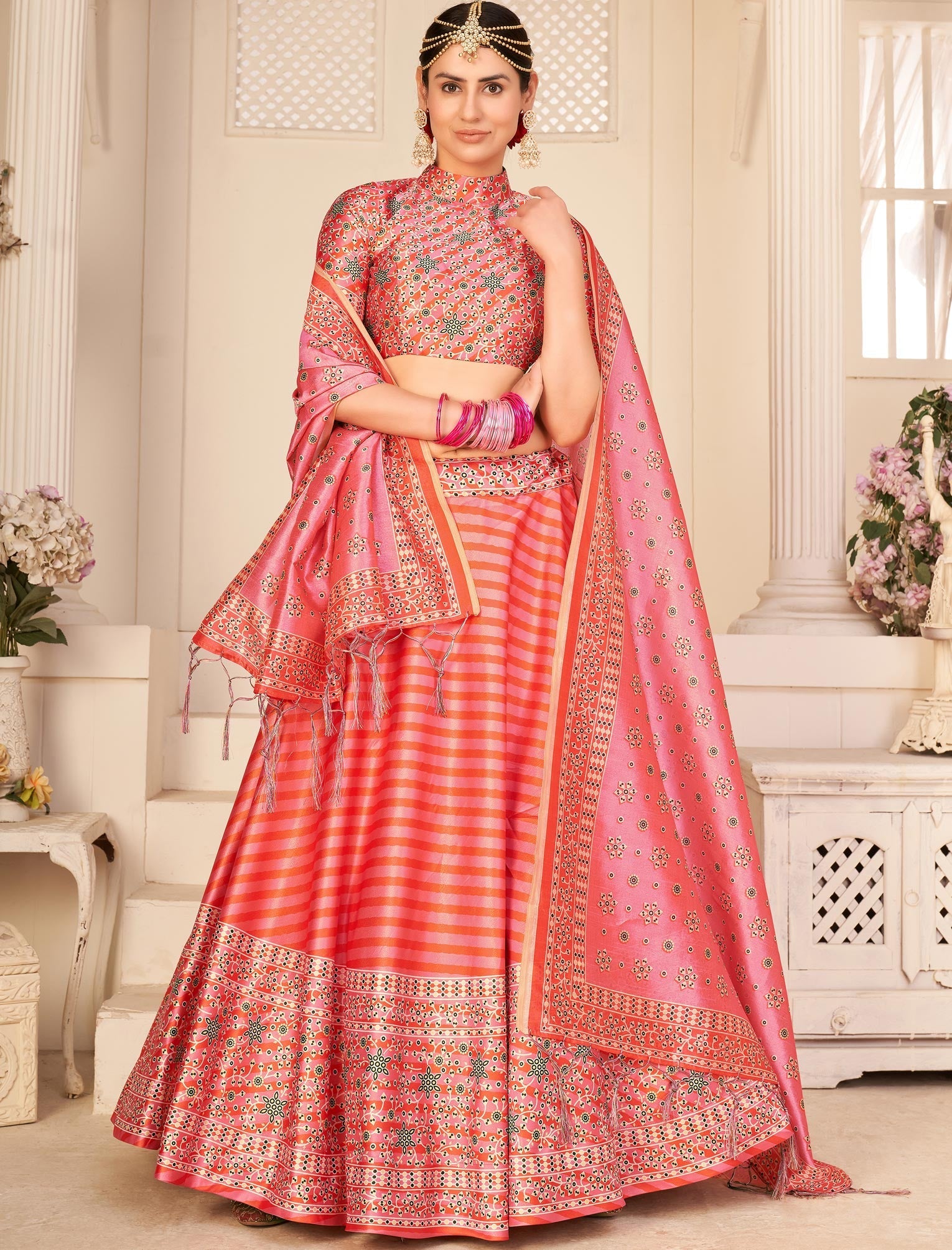 Multi-Color Rera Digital Print Assam Silk Dupatta With Lehenga Choli Set For Women