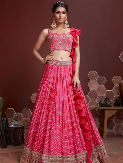 Pink Chinon Silk with Blouse & Dupatta Lehenga Choli Set For Women