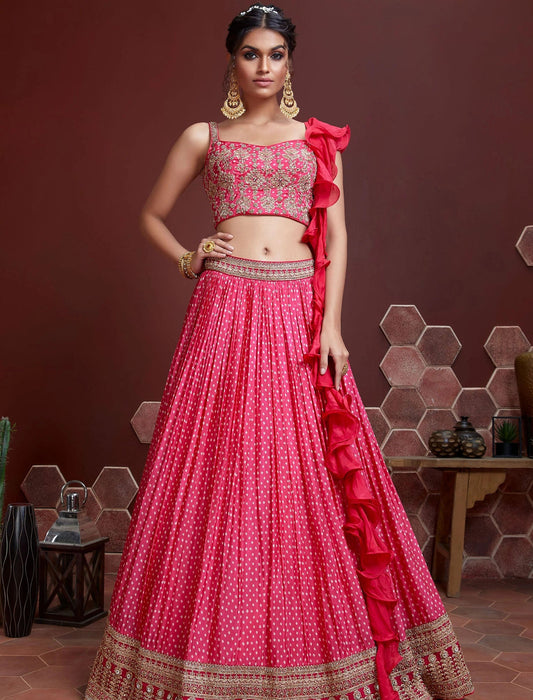 Pink Chinon Silk with Blouse & Dupatta Lehenga Choli Set For Women