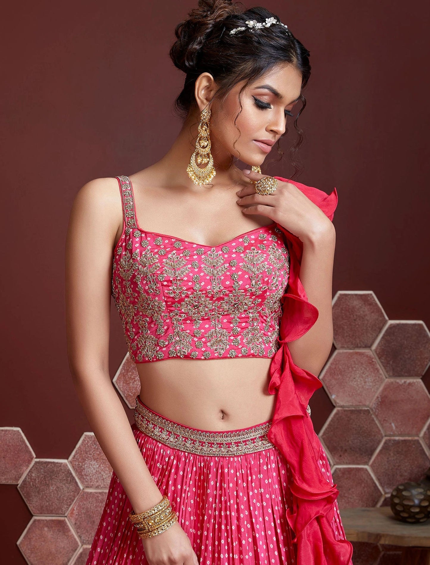 Pink Chinon Silk with Blouse & Dupatta Lehenga Choli Set For Women