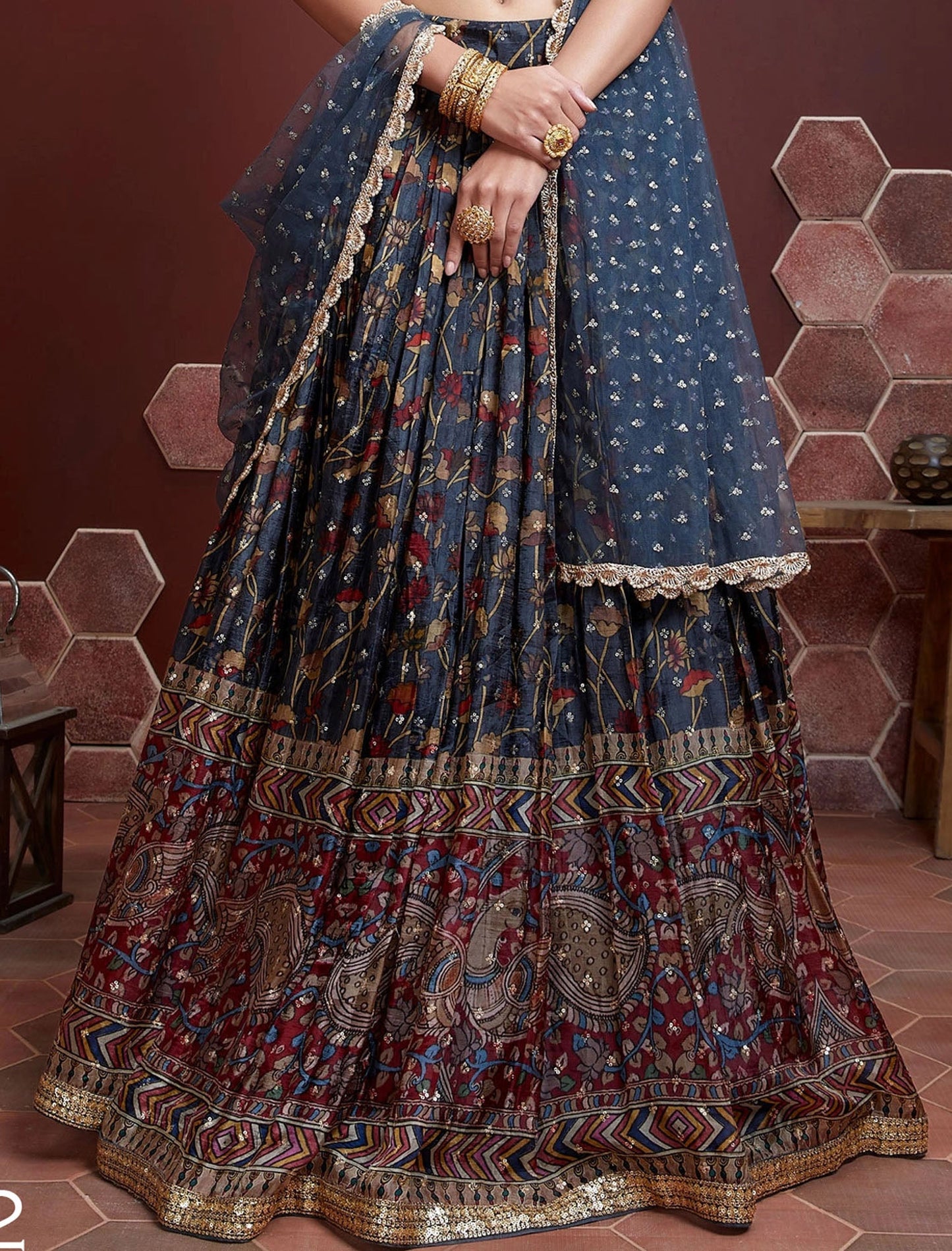 Blue Chinon Silk with Heavy Banglori Silk Blouse & Dupatta Lehenga Choli Set For Women