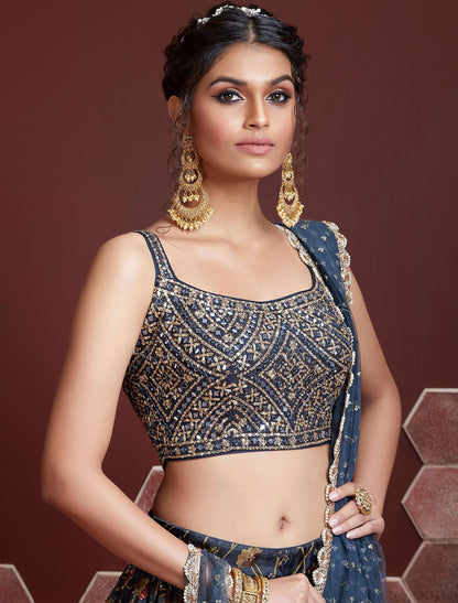 Blue Chinon Silk with Heavy Banglori Silk Blouse & Dupatta Lehenga Choli Set For Women