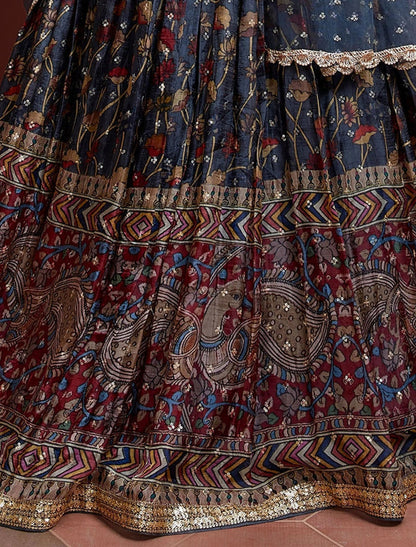 Blue Chinon Silk with Heavy Banglori Silk Blouse & Dupatta Lehenga Choli Set For Women