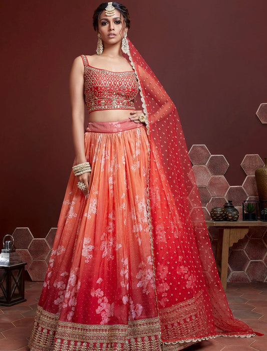 Orange Tabby Silk with Heavy Banglori Silk Blouse & Dupatta Lehenga Choli Set For Women